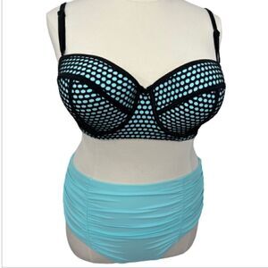 ‎Rue Bleu Aqua/Black Plus Size Ruched Bikini - 3X